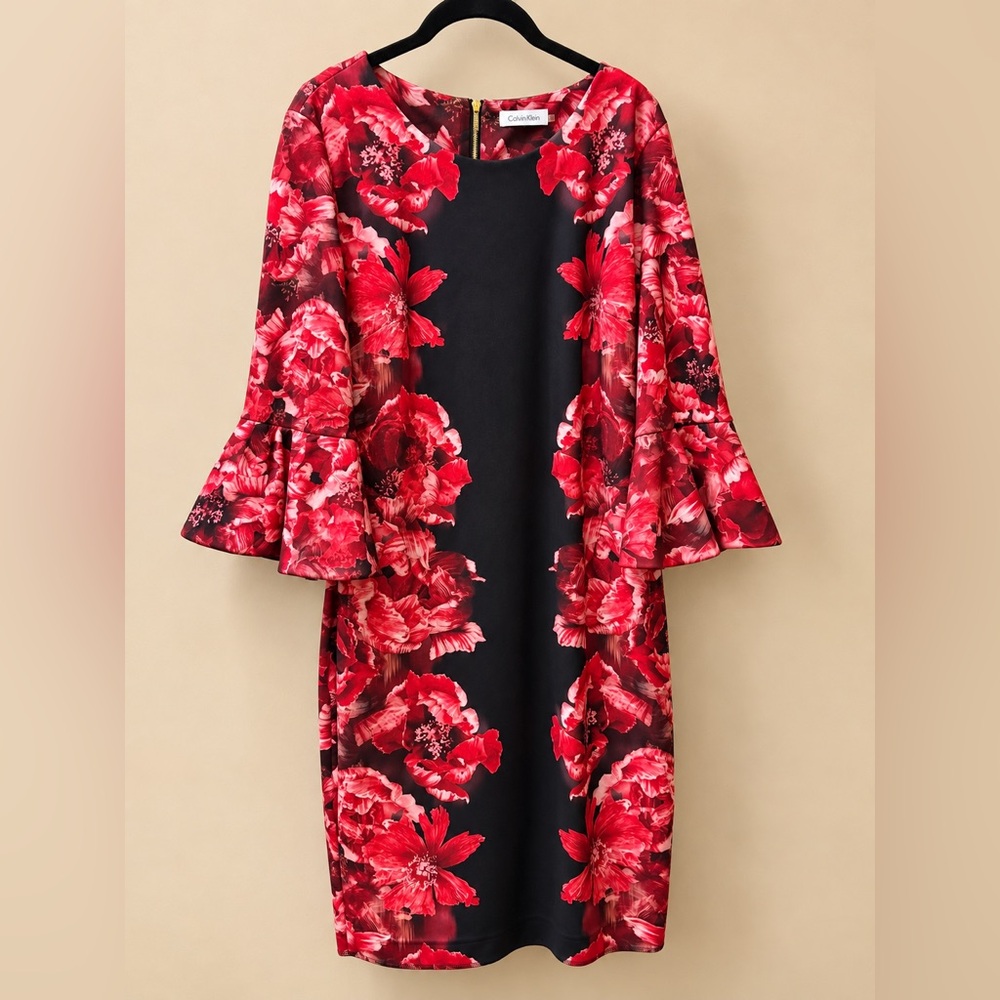 Calvin Klein Black Sheath Dress with Red Floral Panels and Bell Sleeves